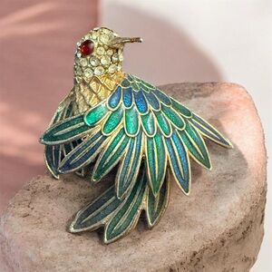 Elegant D’Orlan Green and Gold Bird Brooch
